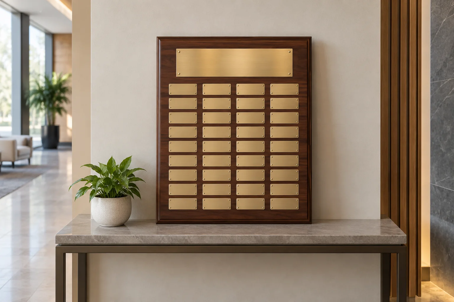Donor recognition board with blank brass plates in a lobby