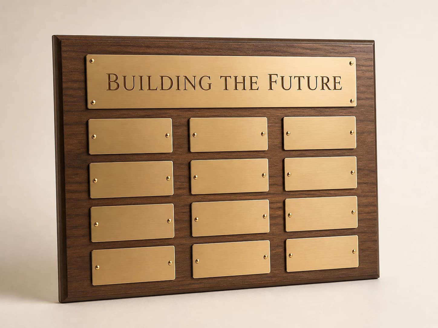 Walnut campaign board with a brass header and twelve blank donor plates.