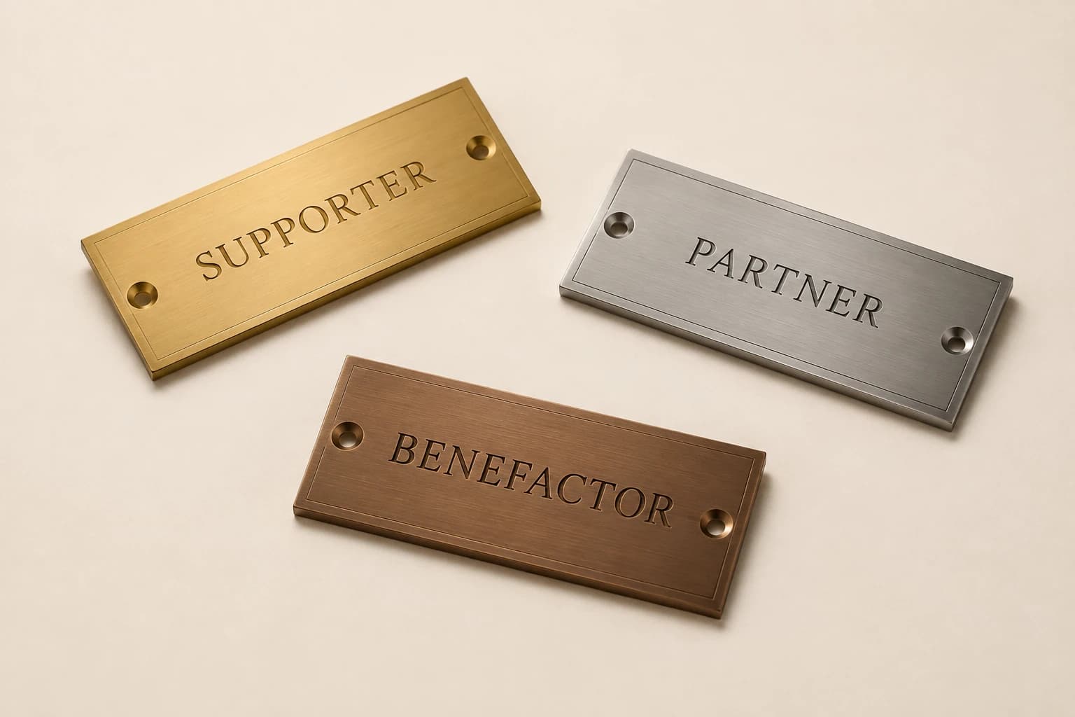 Three modular donor wall plates in gold, silver, and bronze finishes.