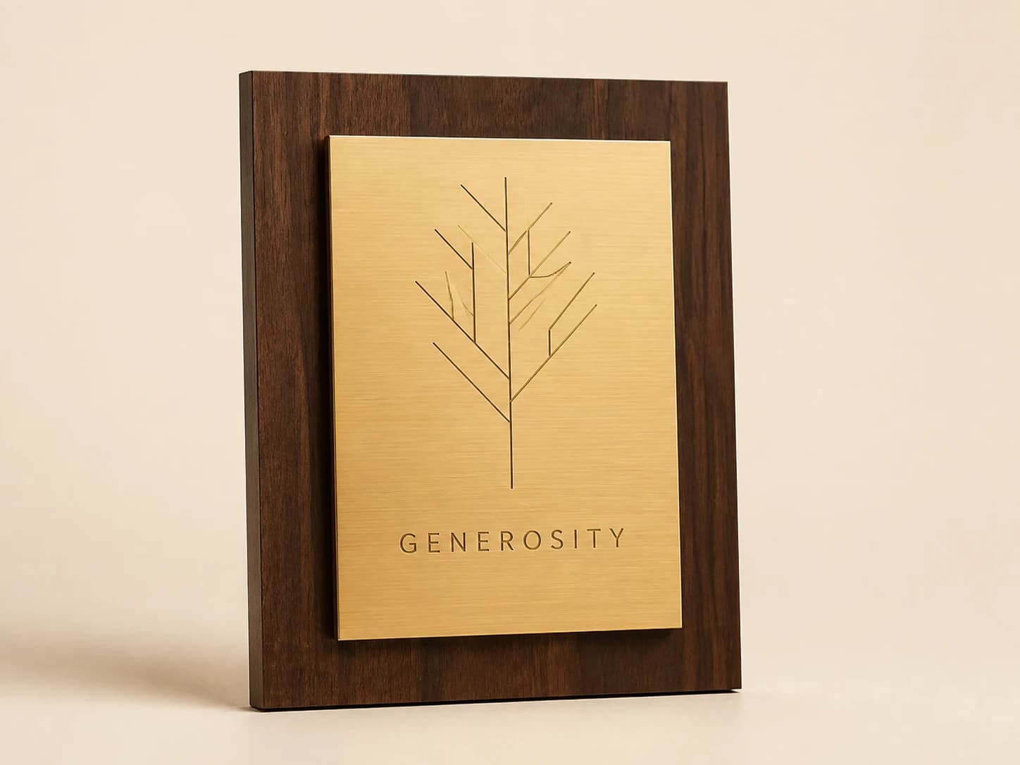 Walnut donor plaque with a floating brass plate and branching-tree engraving.