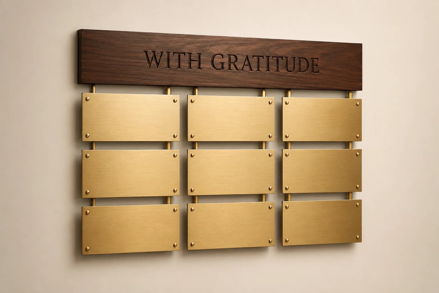 Walnut donor-wall header with nine blank modular brass name plates.
