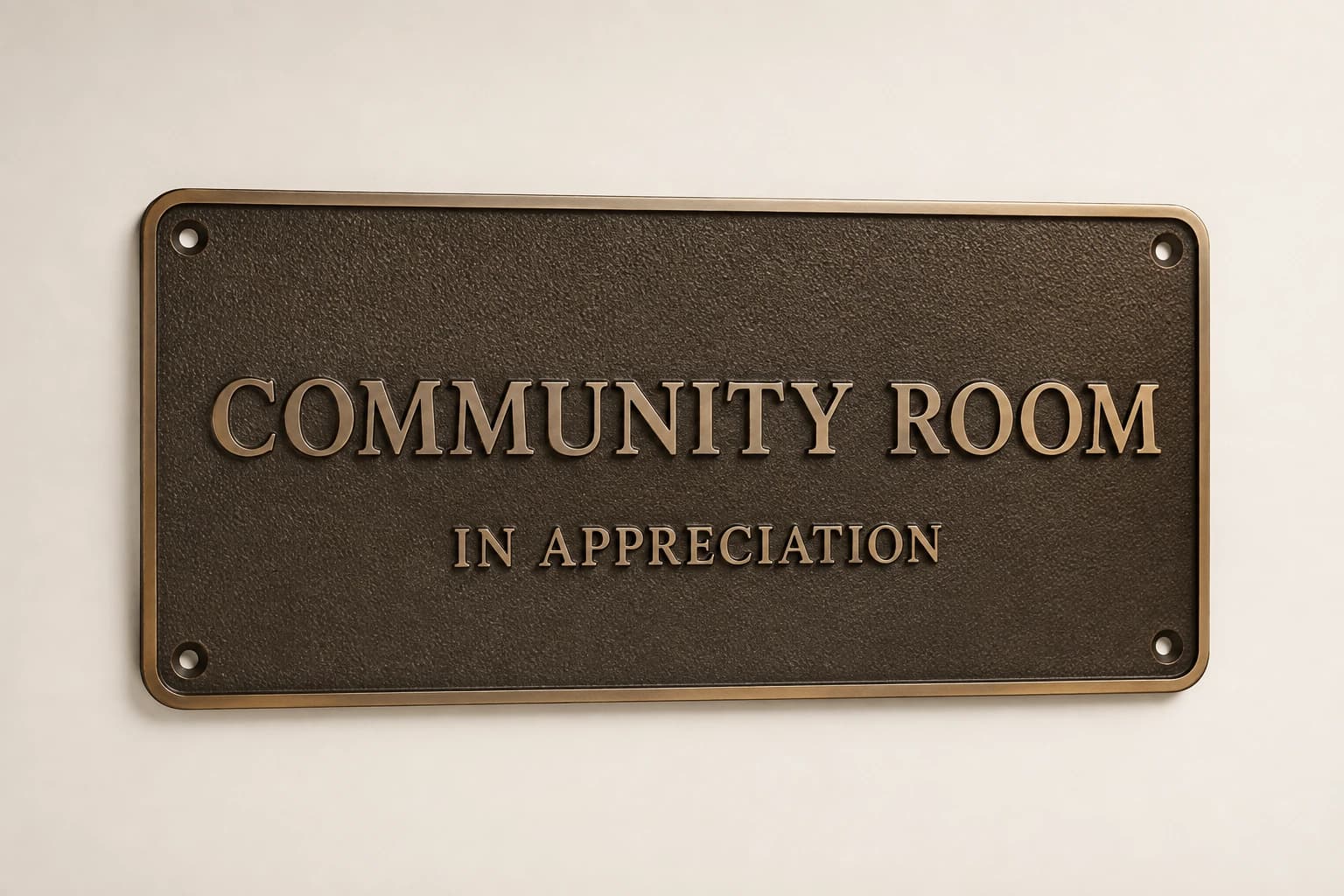 Cast-bronze community-room naming plaque with a textured field.
