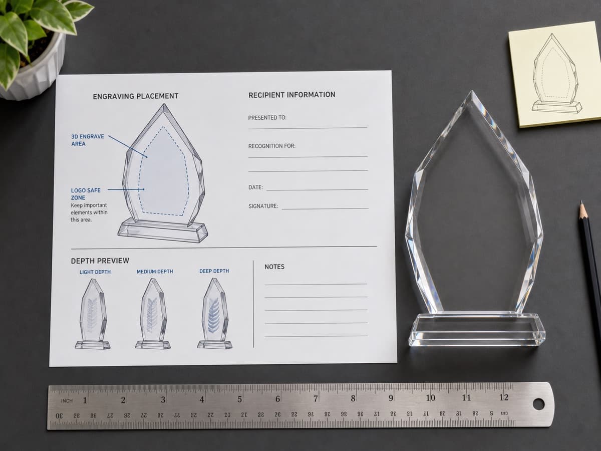Illustrative crystal employee award proof review with blank artwork layouts