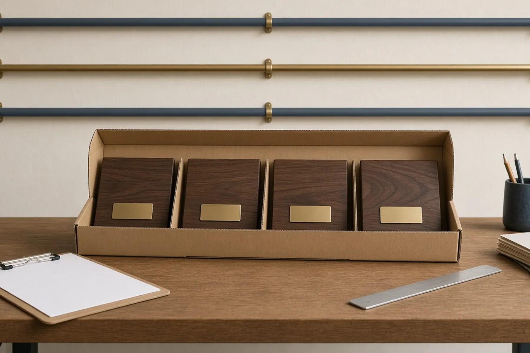Coordinated order concept: matching Donor Wall Engraved Plates pieces grouped and separated for packing