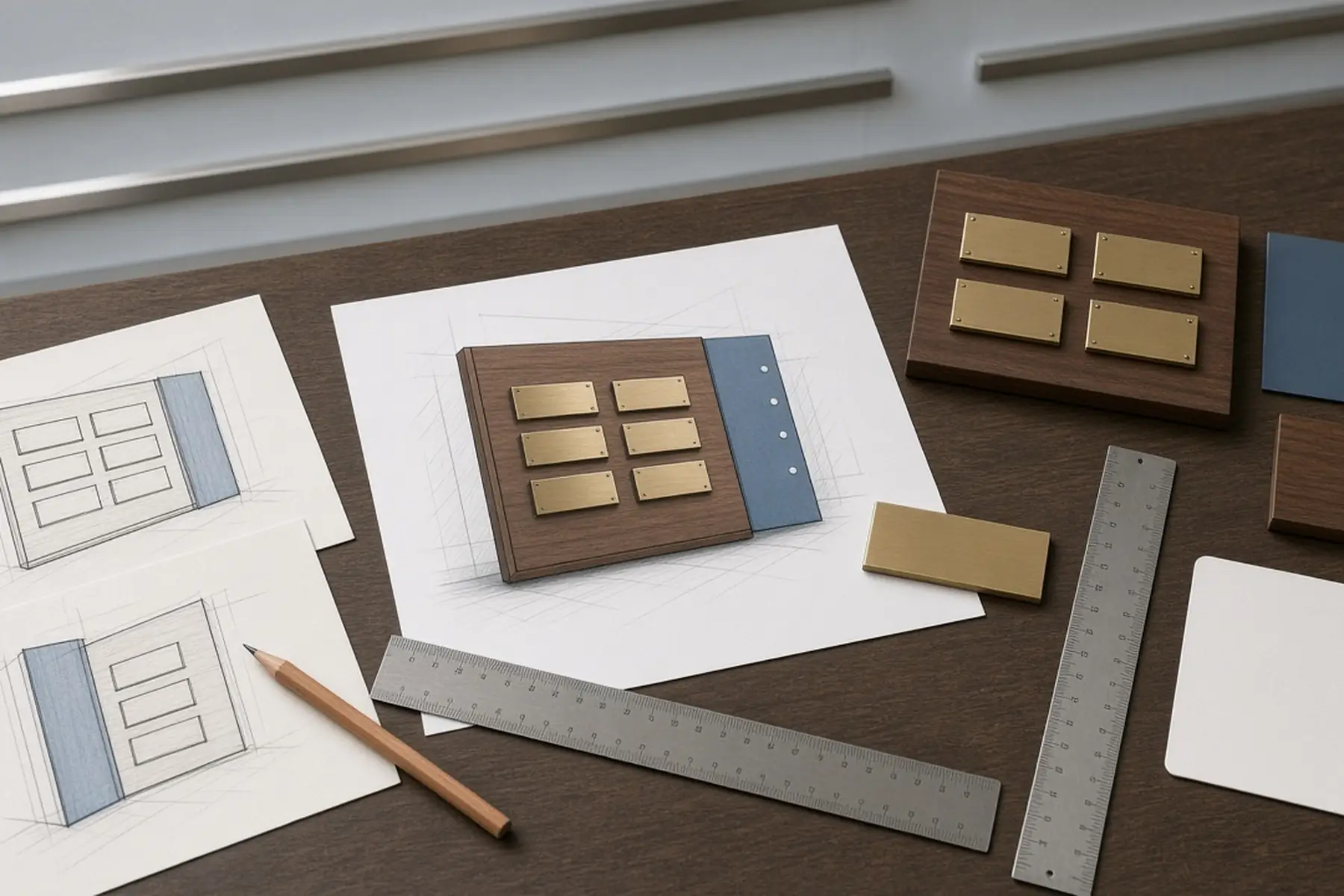 Design planning concept for a Donor Recognition Wall: sketches, material swatches and a blank sample shape