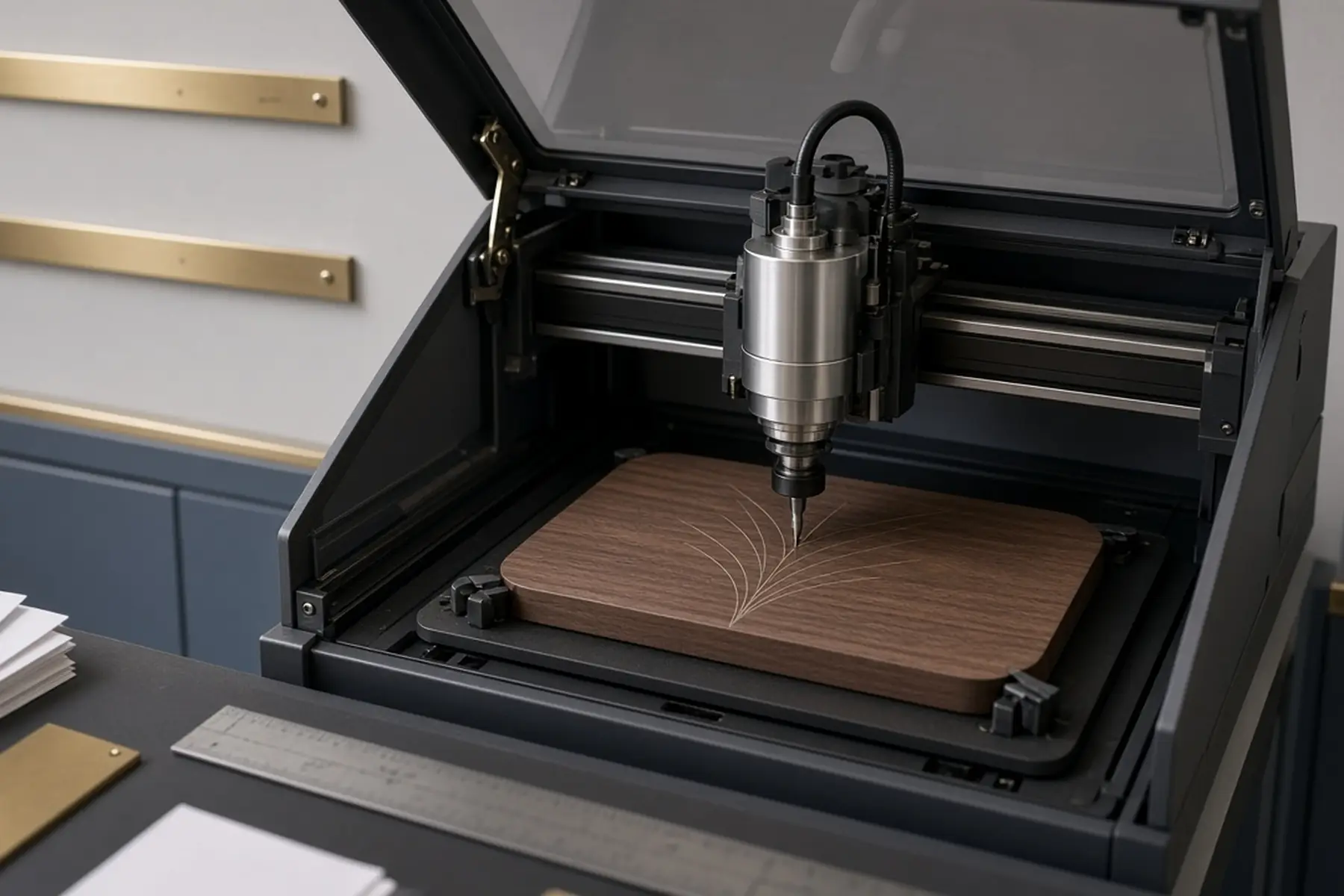 Engraving concept: a blank plate for a Donor Recognition Wall inside an enclosed marking machine