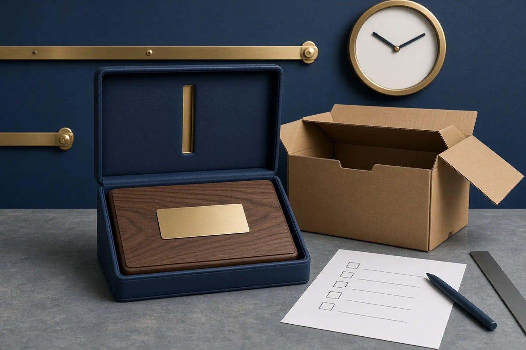 Rush planning concept: a Individual Donor Recognition Plaque, carton and checklist arranged around an arrival date